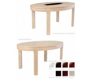 Table TAPANA ovale avec différents plateaux. Réalisable en 140 x 97/160 x 107/180 x 110cm avec possibilité d'1 allonge portefeuille , ou d'allonges rangées dans la table ou hors de la table en fonction du modèle.