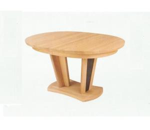 Table ovale. 2 Pieds décor gris. Se réalise en 156 X 100cm ou 180/200 X 115 cm. De 0 à 3 allonges de 40cm rangées sous le plateau.