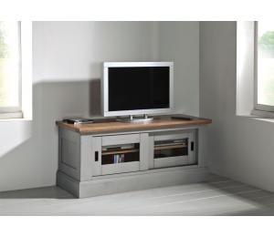 R Meuble TV 2 portes coulissantes vitrées L140 H61 P54cm