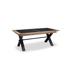 M Table pied X 170x107cm +1 allonge portefeuille de 60cm ou 200x107cm +2 allonges portefeuille de 46cm. Dessus et allonges céramique.Possibilité de mettre 4 allonges bois de 40cm rangées dans la table et de garder le plateau en incrustation céramique