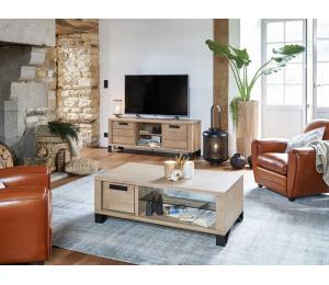 H Ensemble TV Table basse 1 tiroir va et vient L120 H42 P67cm. Meuble TV 2 portes 1 niche avec tablette fixe L160 H60 P42cm.  Se réalise en L120 H60 P42cm 1 porte 1 niche avec 1 tablette fixe.