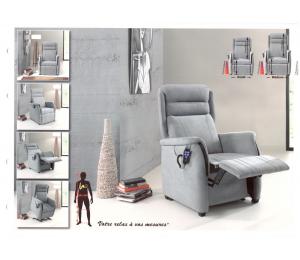 Fauteuil T à vos mesures. 5 versions de relaxation (Manuel, 1 moteur, 2 moteurs, Releveur 1  ou 2 moteurs)  (3 largeurs d'assise, 3 hauteurs d'assise, 3 profondeurs d'assise, 3 hauteurs de dossier, 4 conforts d'assise, avec ou sans boiserie)