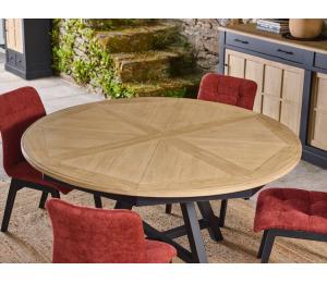 HAU Table ronde Diamètre 125cm, 1 allonge portefeuille de 50cm ou diamètre 150cm, 1 allonge portefeuille de 60cm (Se réalise également en ovale L200x110cm + 1 allonge portefeuille de 100cm)