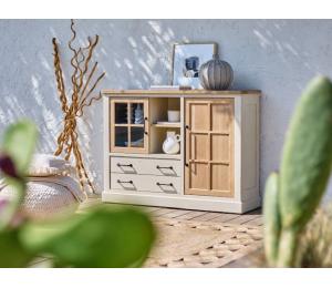 O Meuble d'appui 1porte vitrée 1 porte bois 1 niche 2 tiroirs L137 H101 P42cm