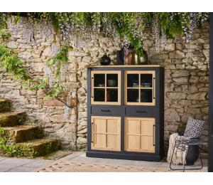 O Meuble 4 volets coulissants 2 vitrés 2 bois 2 tiroirs L129 H156 P42cm